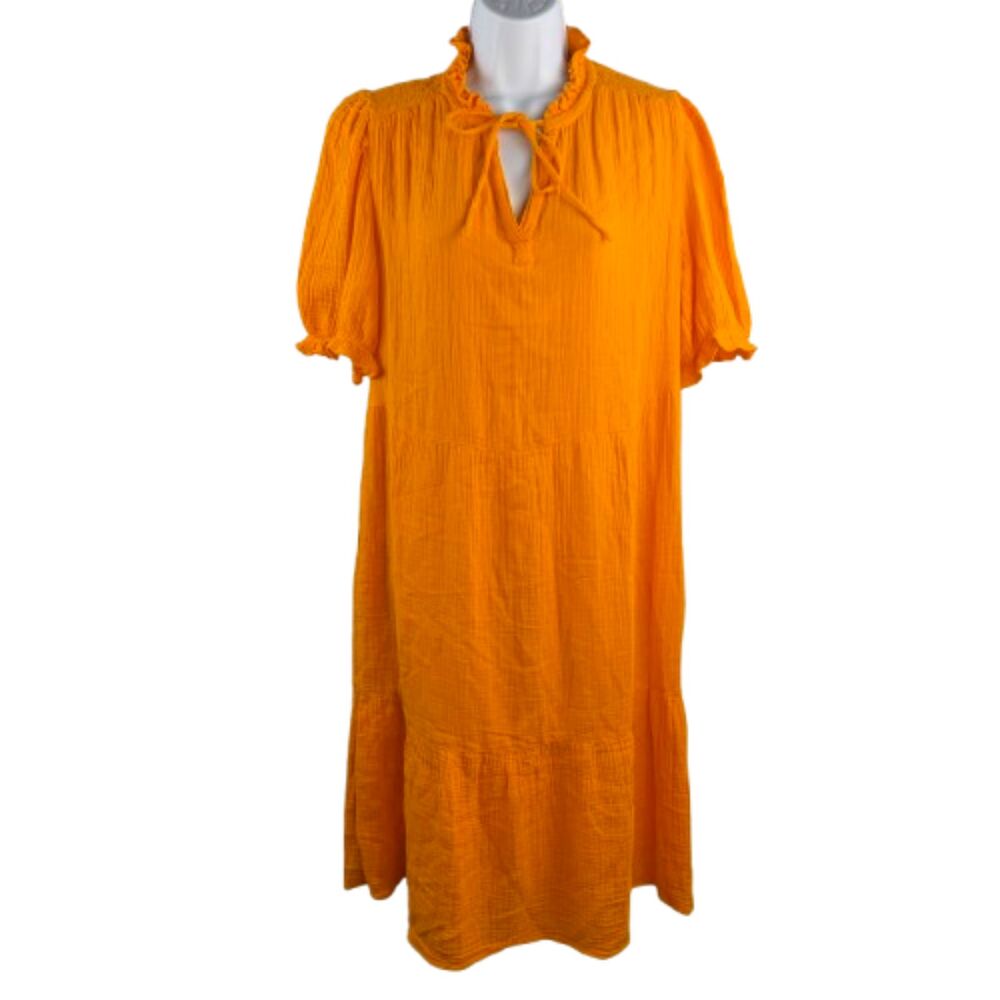 Per Una 100% Cotton Ruffle Neck Orange Tiered Boho Cottagecore Midi Dress Size L